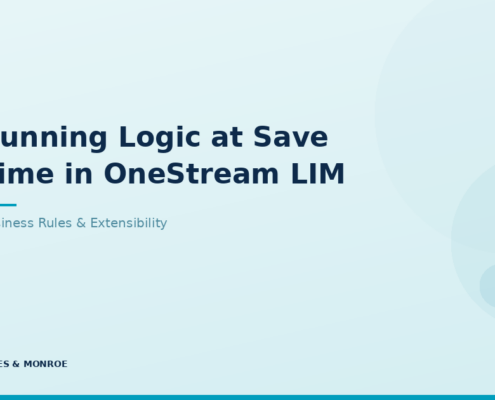 Presentation slide: 'Running Logic at Save Time in OneStream LIM' with subtitle 'Business Rules & Extensibility' and James & Monroe logo at bottom left.