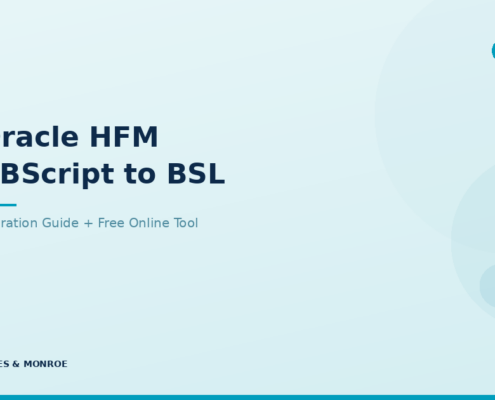 Hero banner with the title 'Oracle HFM VBScript to BSL' and subtitle 'Migration Guide + Free Online Tool' on a light blue background.