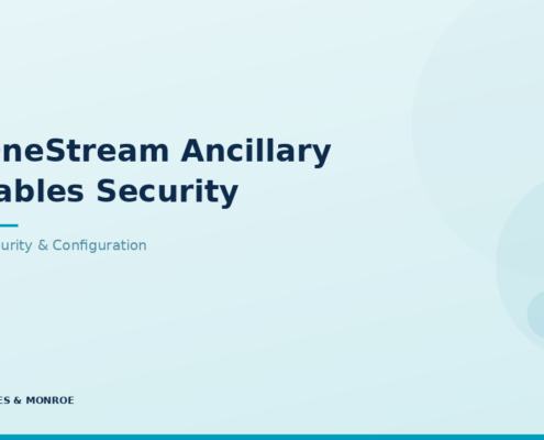 Presentation slide header: 'OneStream Ancillary Tables Security' with subtitle 'Security & Configuration', teal vertical accent bar on left, pale blue circle graphics on right, James & Monroe branding at bottom left.