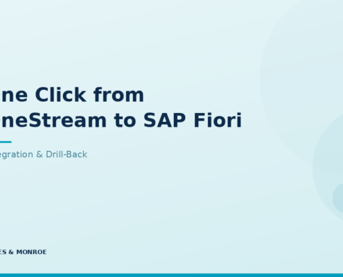Slide title: 'One Click from OneStream to SAP Fiori' with subtitle 'Integration & Drill-Back' (James & Monroe).