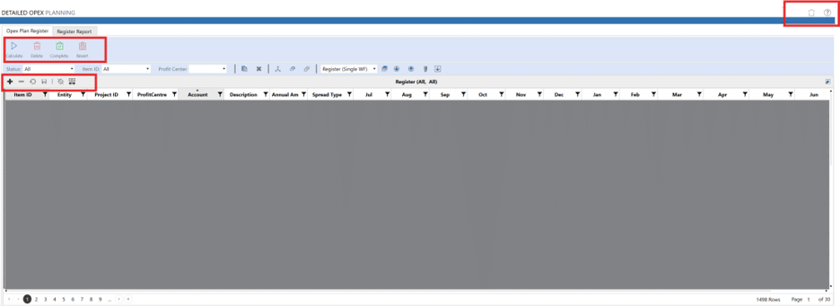 Detailed Opex Planning register interface showing the Calculate, Delete, Complete and Revert toolbar buttons and the row-level actions available to users with both Access and Maintenance group permissions