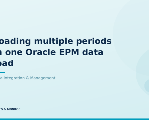 Slide title for a presentation: 'Loading multiple periods in one Oracle EPM data load' with subtitle 'Data Integration & Management' and James & Monroe branding.