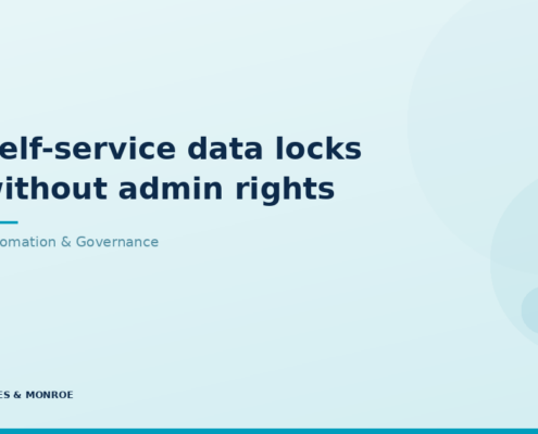Slide title: 'Self-service data locks without admin rights' with subtitle 'Automation & Governance' on a pale blue background, branded James & Monroe.